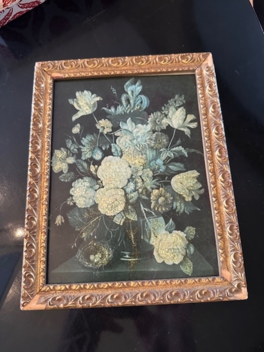 Vintage 9 x 7 Foil Art Flowers Bird Nest Blacks greens silvers blues Beautiful!